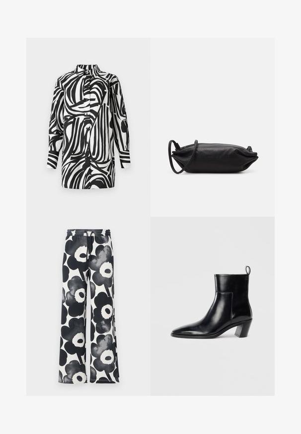 Svart og hvit skjorte med dristig, abstrakt stripet mønster; krage og knappelukking foran med lange ermer. Glatt stofftekstur.; Videbukser i svart og hvitt blomsterdesign, med snøring i livet og glatt tekstur, med store stiliserte blomsterdesign.; Sorte skinn ankle boots med spiss tå, geometrisk stablet hæl og en drasnor bak. Glatt tekstur og elegant design.; Svart lær clutchveske med rektangulær form, glatt tekstur, tynn skulderstropp og minimalistisk design.