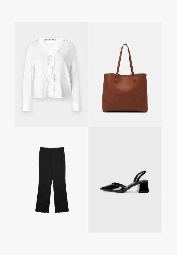 Abercrombie & Fitch Long-Sleeve Oversized Tie-Front Gauzy Shirt - Camicetta - brilliant white; Pantaloni neri a gamba dritta, con tasche frontali e spacchi laterali all'orlo. Realizzati in tessuto morbido e liscio. Adatti a diverse occasioni.; Décolleté in vernice nera con punta affusolata e tacco in geometria cubica. Presentano un design elegante e minimalista, con una texture liscia.; Borsa tote in pelle marrone con texture liscia, design con apertura superiore e due spallacci. Presenta cuciture minime e nessun hardware visibile.