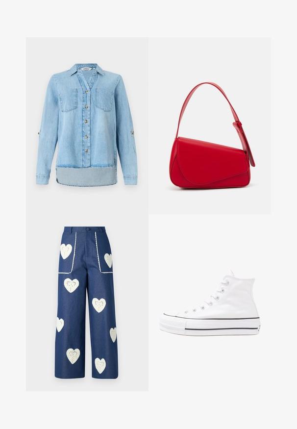 Light blue denim shirt with long sleeves, full front button closure, two chest pockets, and a slightly curved hem.; Sister Jane HEART TO HEART - Straight leg jeans - blue denim; White high-top canvas sneaker with black rubber sole, front rubber toe cap, and six eyelets for laces, featuring a clean, minimalist design.; Red leather handbag with an angular, geometric design. Features a single adjustable strap and a flap closure with stitched detailing.