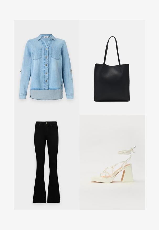 Camisa de ganga azul clara com mangas longas, fecho frontal total com botões, dois bolsos no peito e uma barra ligeiramente curva.; Jeans pretos de cintura alta com fecho de botão e zíper, bolsos frontais e pernas largas dispostos em cima de um fundo branco.; Sandálias brancas de salto alto com um salto robusto, apresentando um design com tiras e amarração no tornozelo. Textura suave com uma plataforma na frente para altura adicional.; Bolsa tote preta em couro com textura lisa, forma retangular e duas alças longas. Sem hardware ou enfeites visíveis.