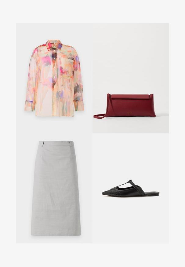 Sheer, long-sleeved blouse in pastel colors with a floral watercolor pattern, featuring a collar, front buttons, and a chest pocket.; Gray pencil skirt with a smooth texture, fitted shape, and a flat waistband, featuring side seams and no visible patterns or accents.; Black leather slingback shoe with a pointed toe, featuring a woven accent and pleated upper design. Flat sole with minimal hardware.; Red leather clutch bag with a textured finish, featuring a flat fold-over top and a short strap. Subtle brand logo on the front.