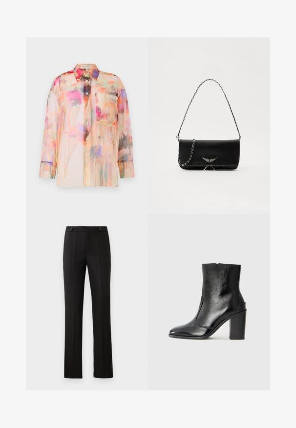 Blusa trasparente con maniche lunghe in tonalità pastello, decorata con un motivo floreale ad acquerello, dotata di colletto, bottoni frontali e taschino sul petto.; Pantaloni neri su misura con gamba dritta, due tasche frontali, chiusura con bottone e dettagli con pieghe sul davanti. Tessuto morbido.; Stivale alla caviglia in pelle nera, con una superficie liscia, punta affilata e tacco alto e massiccio. Presenta una apertura laterale e un design minimalista.; Borsa a mano in pelle nera con una tracolla in catena argento, caratterizzata da decorazioni a forma di ali e cuciture bianche lungo la cucitura inferiore.
