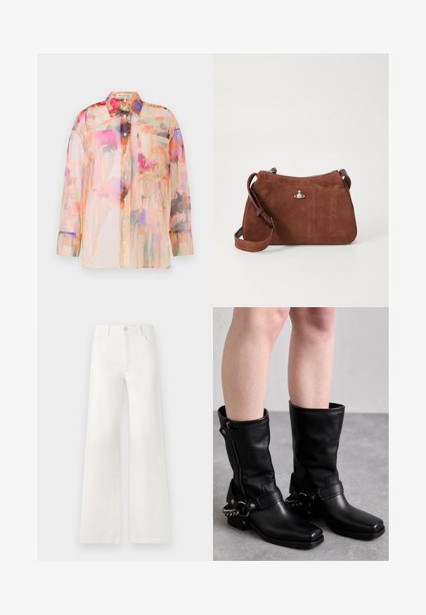 Proziran, dugih rukava, bluzon u pastelnim bojama s cvjetnim vodenim uzorkom, koja ima ovratnik, gumbe s prednje strane i džep na prsima.; Bijele, visokotalasne široke traperice. Imaju kopčanje na dugme, dva prednja džepa i bočne šavove s detaljima šivanja.; Crne kožne čizme do koljena s četvrtastim vrhom, bočnim patentnim zatvaračem i podesivom trakom s metalnim lancem. Mat završna obrada i čvrsta potplat.; Smeđi nubuk torba s zatvaranjem na patent, podesivim naramenicama i srebrnim detaljima, s blagom teksturiranom površinom.