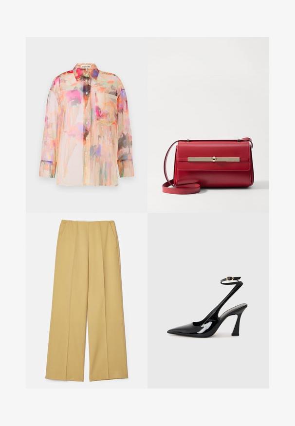 Durchsichtige Bluse mit langen Ärmeln in Pastellfarben und floralem Aquarellmuster, mit Kragen, Knöpfen auf der Vorderseite und einer Brusttasche.; Weite Hosen aus einem senfgelben Stoff, mit Taschen auf der Vorderseite und einer glatten Textur, in einem klaren, maßgeschneiderten Design.; Schwarze Lackleder-Slingbacks mit spitz zulaufender Zehenpartie, verstellbarem Knöchelriemen und moderatem Blockabsatz. Glatte Textur mit glänzender Oberfläche.; Stuart Weitzman POSH SHOULDER BAG - Umhängetasche - cherry