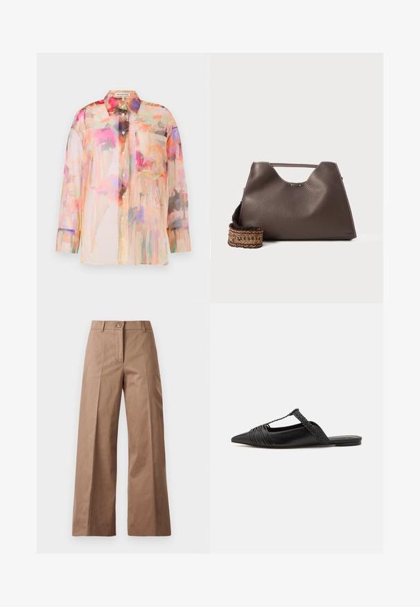 Priehľadná blúzka s dlhými rukávmi v pastelových farbách s kvetinovým akvarelovým vzorom, osadená golierom, prednými gombíkmi a vreckom na hrudi.; Hnedé nohavice s širokými nohavicami vyrobené z hladkej látky, s predným zapínaním na gombík, dvoma prednými vreckami a čistými, precízne vykrojenými líniami.; Čierne kožené sandále so špičatou špičkou, ktoré majú tkaný detail a zborený dizajn vrchnej časti. Plochá podrážka s minimálnym hardvérom.; Hnedá kožená kabelka s textúrovaným povrchom, ostrým dizajnom a charakteristickou hornou rúčkou. Obsahuje detail so vzorovaným tkaným pásikom.