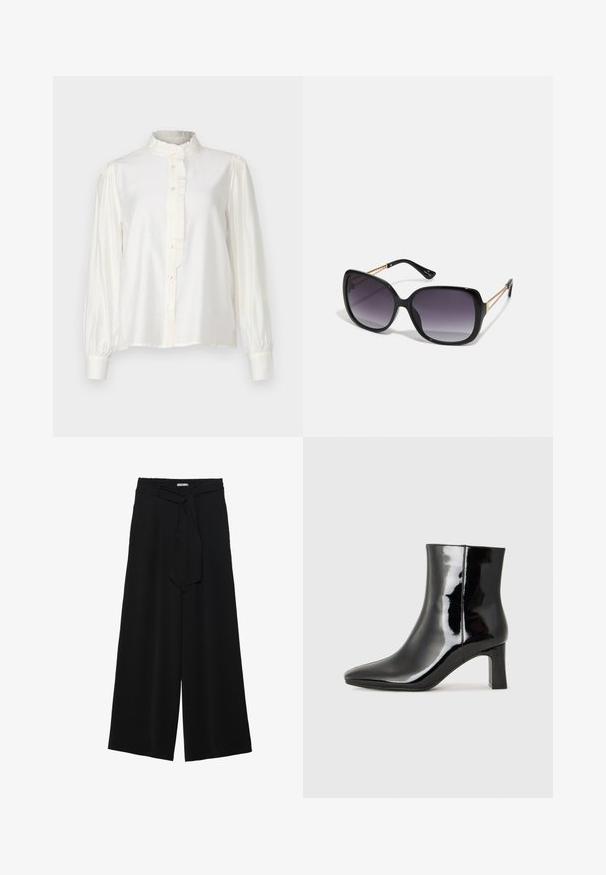 ICHI KARLANI - Blusa - cloud dancer; Pantalones de pierna ancha negros con un tejido texturizado, una cinturilla elástica y un lazo desmontable en la cintura para un ajuste ajustable.; Botín de charol negro con punta afilada y un tacón de bloque de altura media. Textura suave y diseño minimalista.; Gafas de sol negras de gran tamaño con lentes degradados, montura gruesa y detalles de cadena en tono dorado en las patillas.; Bolso negro con forma estructurada, textura suave y un cierre metálico. Combinado con pantalones anchos negros y sandalias de dedo en un suelo de madera.