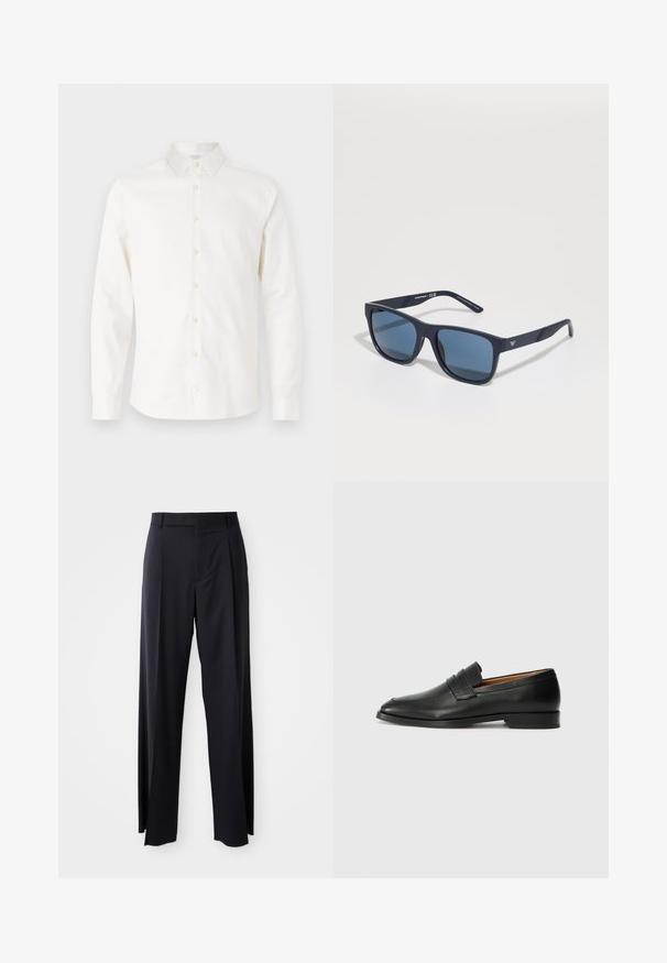 Tiger of Sweden FILBRODIE - Krekls - soft beige; Melnas, augstās vidukļa bikses ar platām kājām, izgatavotas no gludas auduma. Iezīmē priekšējās krokas un jostas cilpas. Minimalistisks dizains, bez redzamām detaļām.; Melnas ādas loafers ar noapaļotu purngala formu, smalku izšuvumu un zemu papēdi, piedāvājot gludu tekstūru un minimālistisku dizainu.; Zilie taisnstūra saulesbrilles ar tumšiem stikliem, matēta jūras zila ietvaros, logo detaļa uz tempļa, taisnas rokas un cieta, gluda virsma.