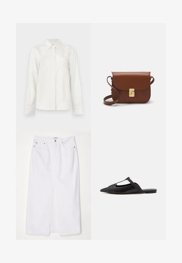 White button-up shirt with vertical light gray and blue stripes, long sleeves, standard collar, and straight cut at the hem.; White denim skirt featuring a front slit, five-pocket design, metal button and zipper closure, and stitched hem details.; Black leather slingback shoe with a pointed toe, featuring a woven accent and pleated upper design. Flat sole with minimal hardware.; Brown leather handbag with a flap closure, gold-tone hardware, a shoulder strap, and a smooth texture. Compact rectangular shape.