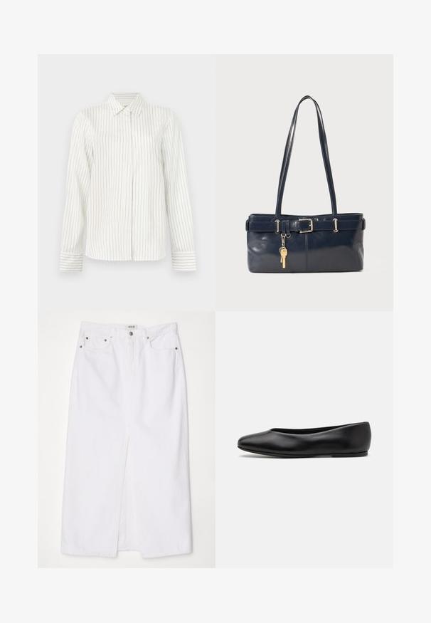 White button-up shirt with vertical light gray and blue stripes, long sleeves, standard collar, and straight cut at the hem.; White denim skirt featuring a front slit, five-pocket design, metal button and zipper closure, and stitched hem details.; Paul Smith TOPANGA - Ballet pumps - black; Navy leather handbag with two long handles, a buckle detail, and a keychain attached. Features a smooth texture and a rectangular shape.