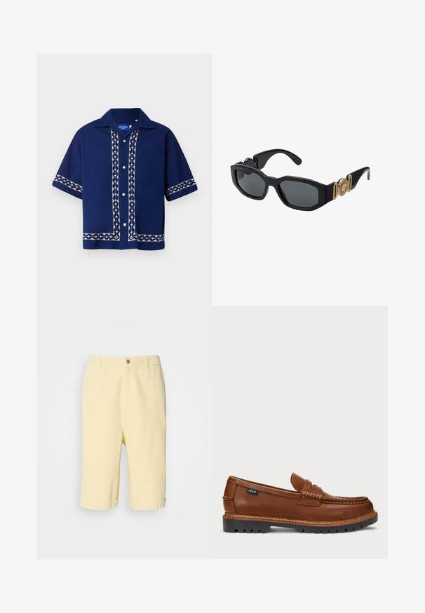 Jūrininkų mėlynos trumpomis rankovėmis marškiniai, dekoruoti baltais siuvinėjimais priekyje, ant apykaklės ir rankovių. Marškiniai su sagėmis ir laisvu siluetu.; Balta medvilninė marškinė su trumpomis rankovėmis, apvaliu iškirpimu ir laisvu siluetu. Lygus paviršius be matomų raštų ar akcentų.; Geltoni medvilniniai šortai su tiesiu kirpimu, su priekiu užsegamu mygtuku ir sukamu kraštu. Lygi tekstūra, laisvalaikio stilius.; Rudos odinės loafer'iai su dekoratyvine siuvinėjimo linija ir tekstūruotu pirštu. Padas pasižymi tvirtu dizainu, užtikrinančiu sukibimą ir ilgaamžiškumą.; Juodi saulės akiniai su stambiu geometriniu rėmeliu, tamsiais lęšiais ir aukso metalinėmis detalėmis ant šventyklių, turintys apvalią emblemos detalę.