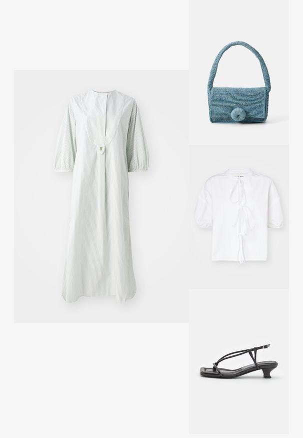 Vit blus med pösiga ärmar i lättviktigt material, med en knytning i halsen och en något löst passform för komfort.; Randig klänning i ljusgrön och vit, med rund halsringning, korta puffärmar och en knappstängning på baksidan.; Svarta lädersandaler med tunna remmar, låg klack och fyrkantig tå. Har spänne och slät yta.; Vävd blå handväska med texturerad yta, rektangulär form, kort handtag och en stor, rund stängningsdetalj framtill.