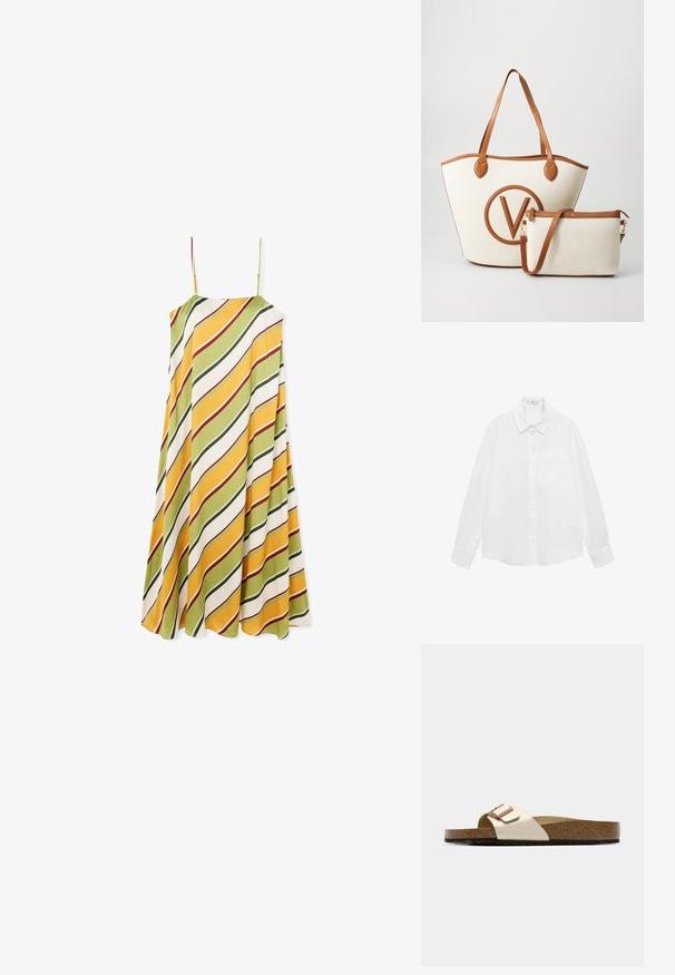 White long-sleeve button-up shirt made of lightweight fabric with a classic collar, single chest pocket, and straight hem.; A sleeveless dress with a flowing shape, featuring diagonal stripes in green, yellow, and white with red accents, made of smooth fabric.; Slide sandal featuring a light metallic upper, cork footbed, and textured brown rubber sole. Buckle detail with logo accent.; Canvas tote bag in cream with brown leather accents, featuring a prominent circular V logo. Includes a small matching crossbody pouch.
