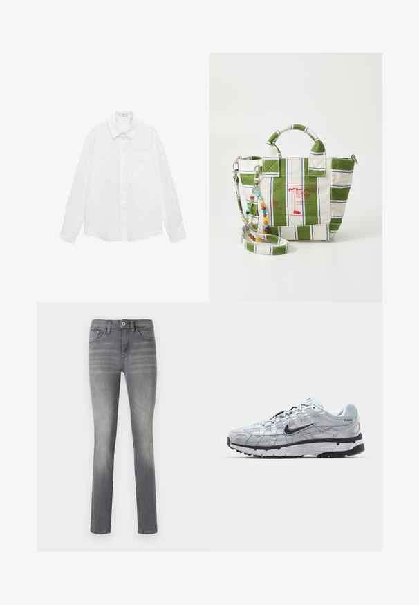 Hvid langærmet skjorte med knapper lavet af letvægtsstof, med klassisk krave, enkelt brystlomme og lige kant.; Hvid ribbet tanktop med scoop-udskæring og brede stropper. Blødt stof med en behagelig tekstur og syede kanter. Simpelt, tætsiddende design.; Grå denim jeans med en slim fit, der har en falmet vask, fem lommer, en knaplukning og diskrete syninger.; Nike P-6000 sneakers med en lys grå mesh overdel, sorte accenter og en holdbar sort gummisål. Har et detaljeret design og snøresystem.; Canvas tote taske med grøn og hvid stribet design, prydet med røde postgrafikker. Indeholder en aftagelig perle-håndrem og dobbelte håndtag.