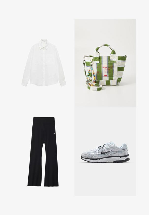 White long-sleeve button-up shirt made of lightweight fabric with a classic collar, single chest pocket, and straight hem.; White ribbed tank top with a scoop neckline and wide straps. Soft fabric texture and stitched hems. Simple, fitted design.; Black flared yoga pants in stretchy fabric, featuring a wide waistband and a small logo near the hip. Smooth texture, no patterns.; Nike P-6000 sneakers with a light grey mesh upper, black accents, and a durable black rubber sole. Features intricate design and lacing system.; Canvas tote bag with green and white striped design, featuring red postal graphics. Includes a detachable beaded strap and double handles.