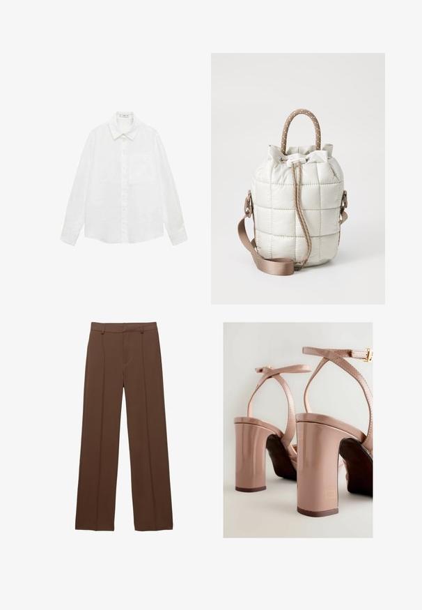 Bijela košulja dugih rukava s gumbima izrađena od lagane tkanine, s klasičnim ovratnikom, jednim džepom na prsima i ravnim rubom.; Smeđe široke hlače izrađene od glatke tkanine; imaju obložene prednje nabore i ravni pojas s petljama za remen.; Goli sandale na visoku petu u boji kože s sjajnim završetkom, dizajnom križnog remena i debelim blok petama, koje pokazuju glatku teksturu i suptilne zlatne detalje.; Kvadražna svijetlosmeđa torba sa cinčanim vrhom, s pletenom ručkom i odvojivim remenom. Glatka tekstura s mekim sjajem.