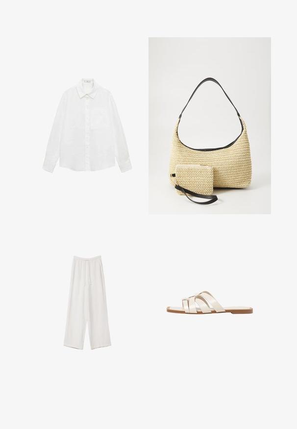 Bela srajca z dolgimi rokavi in gumbom, izdelana iz lahkega materiala, s klasičnim ovratnikom, enim žepom na prsih in ravnim robom.; Bele široke hlače iz lahkega materiala. Imajo elastičen pas s vrvico in stranske žepe. Gladka tekstura.; Ravne sandale s svetlo rjavim gumijastim podplatom, zasnovane s tremi prekrivajočimi se belimi usnjenimi trakovi in majhnim lokom na sredini.; Tkana torbica iz slame s zakrivljenim siluetom, ki vključuje gladek črn usnjen trak in usklajen majhen žep, pritrjen z ročajem za zapestje.