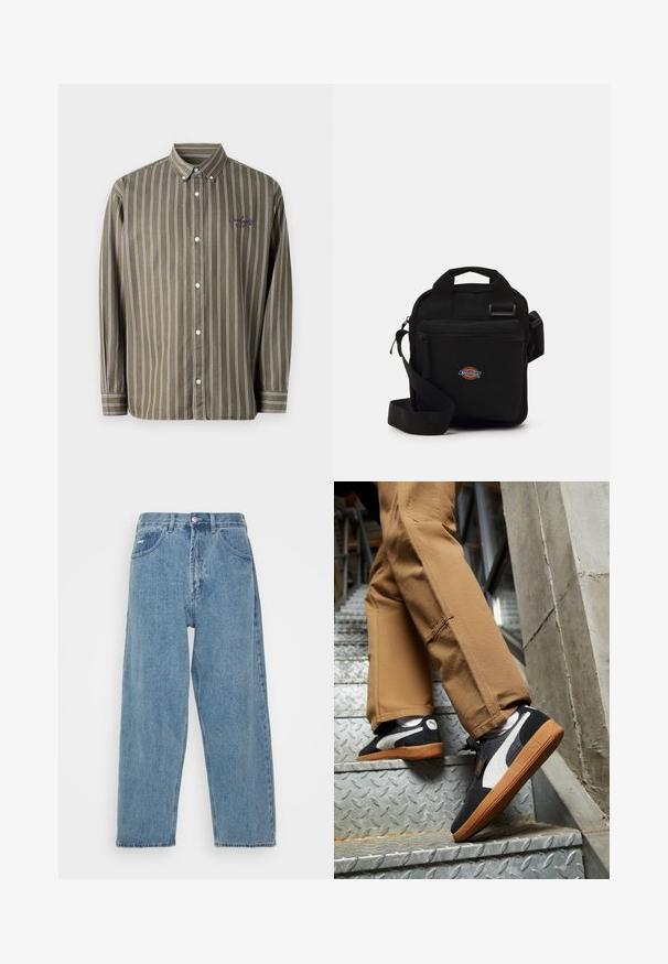 Carhartt WIP SIGNATURE SHIRT - Skjorta - office green/aura stone washed; Ljust blå denimjeans med hög midja och avspänd passform, med två framfickor, en bakficka och knappstängning.; Svarta och grå mockaskor med vita detaljer och gummisulor, bära på beige byxor medan man stiger upp för metalltrappor.; Svart tvärs över kroppen-väska med ett dragkedjefack, rektangulär form, tillverkad av tyg, med en logotypapplikation på framsidan, justerbar axelrem.