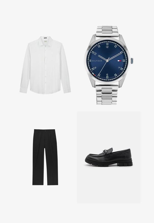 Witte lange mouwen shirt, met knoopsluiting, zachte textuur, gladde stof, subtiel logo op de borst en klassieke pasvorm met gebogen zoom.; Set van acht zwarte katoenen T-shirts met korte mouwen en een ronde hals, met een eenvoudige uitstraling en een zachte textuur.; Zwarte broeken met een recht model, gemaakt van een gladde stof. Voorzien van een voorplooien en een enkele knoopsluiting bij de taille.; Zwarte leren instapper met een ronde neus, een decoratieve band en hardware, en een chunky, gestructureerde zool. Glad afwerking met subtiele details.; Zilveren metalen horloge met een geborstelde blauwe wijzerplaat, witte uurmarkeringen en een datumweergave. Voorzien van een geschakelde metalen band en het logo van het merk.