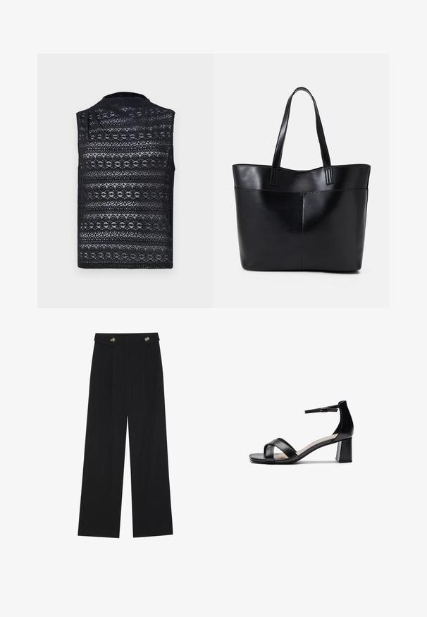 Black lace vest featuring a textured pattern with floral motifs, sleeveless design, and a high neckline, made from a lightweight fabric.; Black wide-leg trousers with high waist, button details on waistband, and front pleats.; Black open-toe heeled sandal with crossed straps, adjustable ankle strap, and a chunky heel, featuring a smooth leather texture.; Black leather tote bag with two long handles, a smooth texture, and a structured shape. Features a front pocket for additional storage.