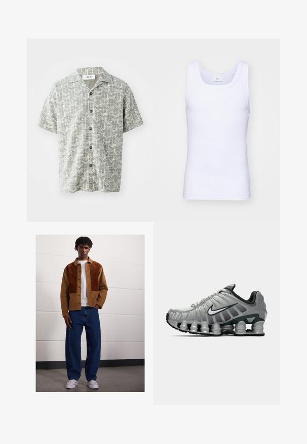 Camisa de manga corta en gris claro con un patrón geométrico en blanco. Presenta un cuello con muesca y cinco botones negros en la parte delantera.; Camiseta sin mangas de algodón blanca con escote redondo, que presenta una textura suave y una forma ajustada, diseñada para el uso casual.; Hombre de pie en interiores, vistiendo una chaqueta de pana marrón con parches de óxido, camiseta blanca, jeans azules holgados y zapatillas blancas.; Zapatilla de running Nike en gris y negro con amortiguación visible tipo resorte debajo de la suela y un logo de swoosh blanco en el lateral.