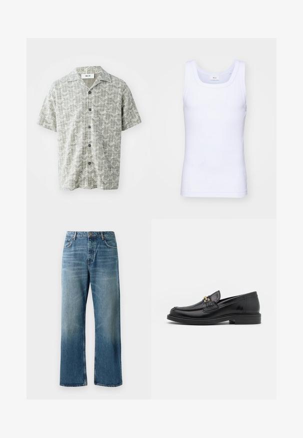 Korte ermbluse i lysegrå med et geometrisk mønster i hvidt. Har en klippet krave og fem sorte knapper foran.; Hvit bomulls ermeløs tanktopp med rund hals, med en glatt tekstur og en tettsittende fasong, designet for hverdagsbruk.; Lyseblå vide jeans med en falmet vask, med en enkelt knaplukning, fem lommer og kontrastsyninger.; Sorte skinnloafers med rund tå, prydet med gullhardware og stingdetalj, plassert på en lav, teksturert gummisåle.