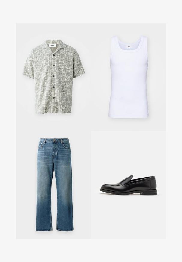 Koszula z krótkim rękawem w jasnoszarym kolorze z geometrycznym białym wzorem. Posiada kołnierz z wycięciem i pięć czarnych guzików z przodu.; Biała bawełniana koszulka bez rękawów z okrągłym dekoltem, charakteryzująca się gładką fakturą i dopasowanym krojem, zaprojektowana do noszenia na co dzień.; Jasnoniebieskie spodnie dżinsowe z szerokimi nogawkami i wyblakłym odcieniem, z zapięciem na pojedynczy guzik, pięcioma kieszeniami i kontrastowym przeszyciem.; Czarne skórzane mokasyny o gładkiej fakturze, zaokrąglonym nosku i dekoracyjnym pasku na przodzie. Niski, warstwowy obcas, minimalistyczny design.