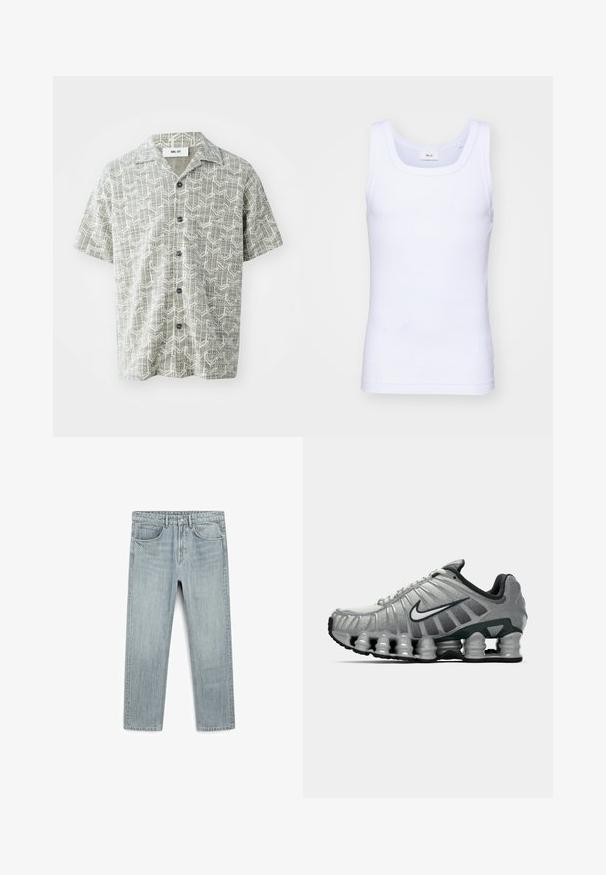 Kurzarmhemd in Hellgrau mit einem geometrischen weißen Muster. Verfügt über einen aufgeschlagenen Kragen und fünf schwarze Knöpfe vorne.; Weißes Baumwoll-Top ohne Ärmel mit rundem Ausschnitt, ausgestattet mit einer glatten Textur und einer figurbetonten Form, ideal für die Freizeit.; Helle blaue Jeans aus Denim mit geradem Schnitt, fünf Taschen und sichtbarem Knopf- und Reißverschluss. Glatte Textur mit leichtem Verblassen.; Grauer und schwarzer Nike-Laufschuh mit sichtbarer federähnlicher Dämpfung unter der Sohle und einem weißen Swoosh-Logo an der Seite.