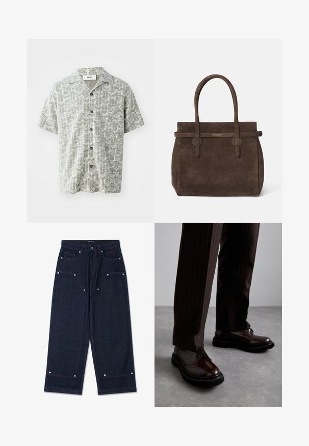 Lühikeste varrukatega heledhalli särgi peal on geomeetriline valge muster. Särgil on sälguga krae ja viis musta nuppu ees.; Valge puuvillane golfi särk ilma varrukateta, ümmarguse kaelusega, sileda tekstuuri ja sobiva lõikega, mõeldud igapäevaseks kandmiseks.; Tumedat denimit laiad püksid, millel on kaks eesmist taskut, hõbedased detailid ja kontrastsed punased õmblused. Omab nööbiga sulgemist ja brändi logo.; Pruun nahast nööbitavad kingad läikiva viimistlusega, musta kummist tallaga ja peene tikandiga. Kanda pinstriped pruunide pükstega.; Tumed pruun nubukist öksohva, millel on kaks käepidet ja horisontaalne rihm, millel on väike kuldne DSQUARED2 logo plaat.