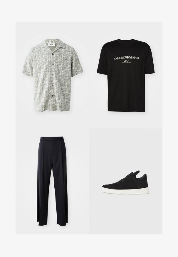 Chemise à manches courtes de couleur gris clair avec un motif géométrique blanc. Elle présente un col à revers et cinq boutons noirs sur le devant.; T-shirt en coton noir avec un col rond, des manches courtes et le logo "EMPORIO ARMANI" en blanc au-dessus de "Milano" dans un design incurvé.; Pantalon noir taille haute à pattes larges, en tissu lisse. Présente des plis sur le devant et des passants de ceinture. Design minimaliste, sans matériel visible.; Baskets en daim noir avec une semelle en caoutchouc blanc, présentant des coutures tonales et un design lacé. Texture lisse avec une forme moderne et épurée.