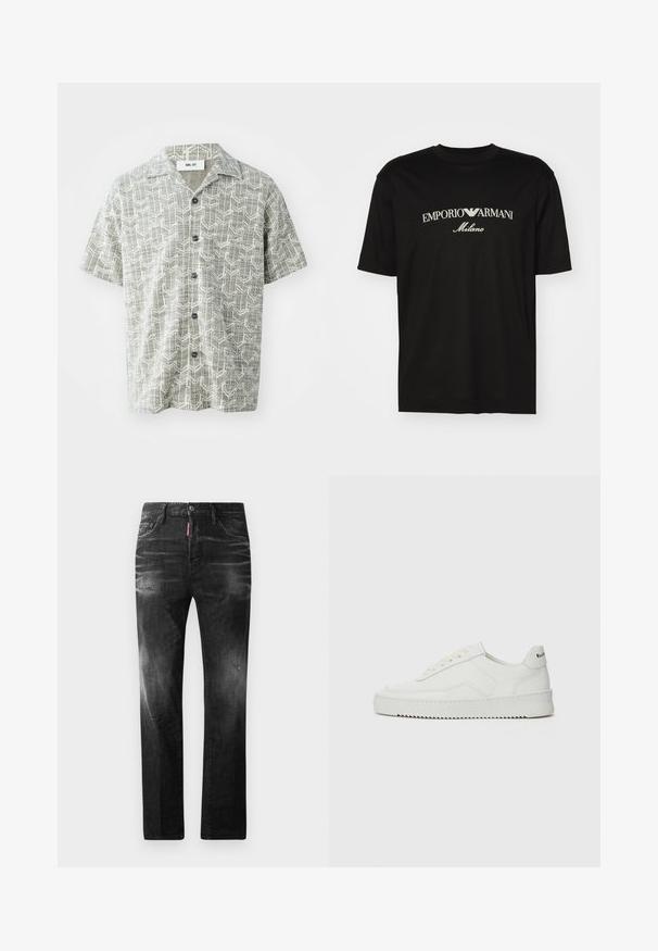 Short-sleeve shirt in light gray with a geometric white pattern. Features a notched collar and five black buttons down the front.; Black cotton T-shirt featuring a round neckline, short sleeves, and "EMPORIO ARMANI" logo in white above "Milano" in a curved design.; Black denim jeans with a straight fit. Features faded areas, minor distressing, classic five-pocket design, and a button closure.; White leather sneaker with a smooth finish, round toe, flat laces, and a textured sole. Features a subtle logo on the heel.