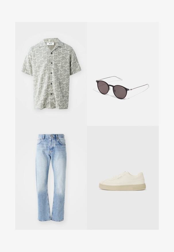 Kurzarmhemd in Hellgrau mit einem geometrischen weißen Muster. Verfügt über einen aufgeschlagenen Kragen und fünf schwarze Knöpfe vorne.; Helle blaue Jeans mit geradem Schnitt. Verfügt über ein Fünf-Taschen-Design, einen Knopfverschluss und eine ausgewaschene Textur zum unteren Bereich hin.; Weiße Leinen-Sneaker mit einer strukturierten Gummisohle, die eine gestickte Zehenkappe und ein Logo-Detail an der Ferse aufweisen. Einfaches Schnürdesign.; Schwarze runde Sonnenbrille mit dunklen Gläsern und schlanken Metallbügeln. Enthält klare Tempelspitzen und silberne Akzente am Scharnier. Minimalistisches Design.