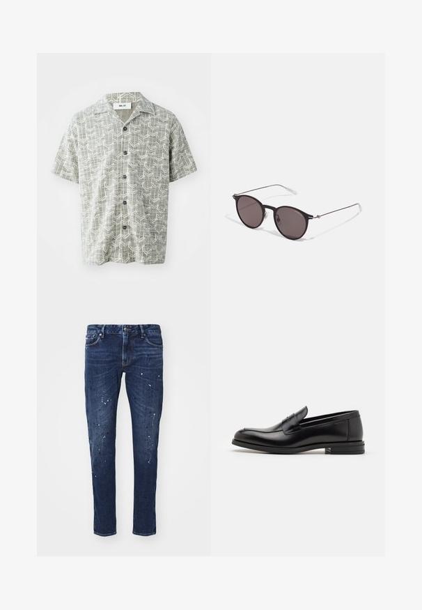 Short-sleeve shirt in light gray with a geometric white pattern. Features a notched collar and five black buttons down the front.; Dark blue denim jeans with a slim fit, featuring paint splatters, visible stitching, and standard five-pocket design. Straight leg cut.; Black leather loafers with a smooth texture, rounded toe, and a decorative strap across the vamp. Low stacked heel, minimalist design.; Black round sunglasses with dark lenses and slim metal arms. Includes clear temple tips and silver accents at the hinge. Minimalist design.