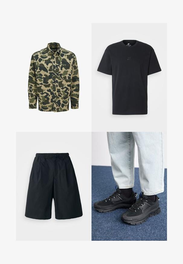 Camouflage shirt met een beige basis en groene en donkergroene abstracte vormen, lange mouwen, knoopsluiting aan de voorkant en een borstzak.; Zwarte katoenen t-shirt van Nike met een klassieke ronde hals, korte mouwen en een subtiele, reliëflogo op de borst. Gladde textuur.; Zwarte shorts met een elastische tailleband en een verstelbare koord. Gemaakt van een gladde stof, met een losse pasvorm en geen zichtbare patronen.; Zwarte sportschoenen met gestructureerde stof en rubberen zolen, met elastische veters en een blauwe accent op de hiel. Draag samen met lichte spijkerbroeken.