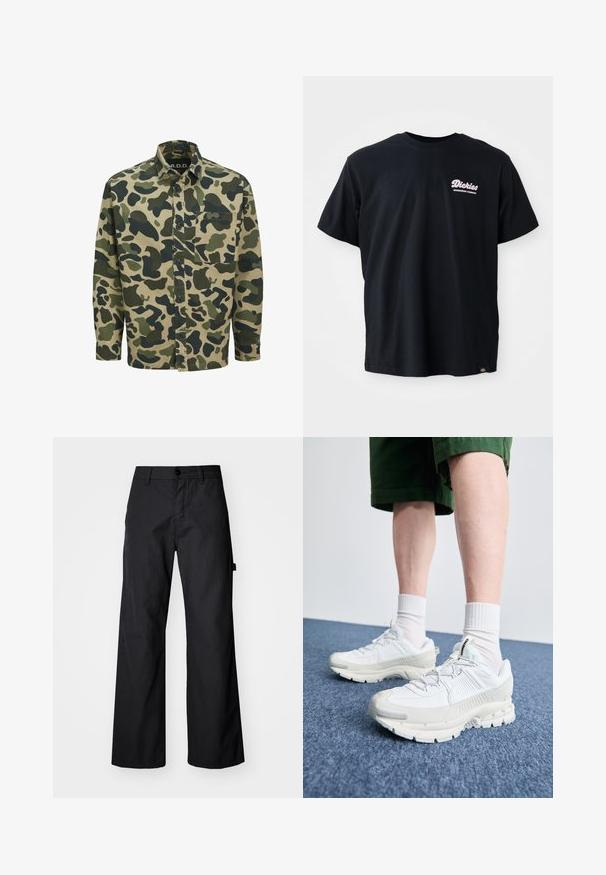 Camo-Hemd mit beigem Grundton und grünen sowie dunkelgrünen abstrakten Formen, langen Ärmeln, vorderem Knopfverschluss und einer Brusttasche.; Schwarzes Baumwoll-T-Shirt mit kurzen Ärmeln, rundem Halsausschnitt und einem rosa Logo auf der linken Brust. Verfügt über ein Etikett am unteren linken Saum.; Schwarze, weite Hosen aus robustem Stoff. Verfügt über einen Knopfverschluss und Seitentaschen. Glatte Textur mit einem schlichten Design.; Weiße Sportschuhe mit strukturierten Überzügen, einer dicken Sohle und grauen Akzenten. Tragen mit weißen Crew-Socken und grünen Shorts auf einer blauen Oberfläche.