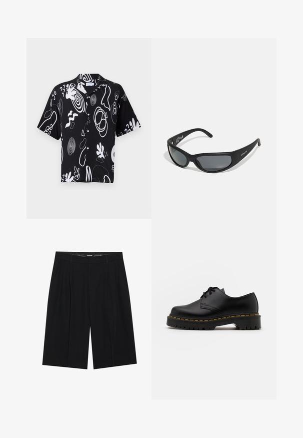 Chemise à manches courtes en tissu noir avec de bold motifs abstraits blancs, fermeture à boutons et coupe décontractée. Convient pour une tenue décontractée.; YOURTURN SUMMERISH SUIT TROUSERS UNISEX - Short - black; Chaussure en cuir noir à lacets avec un bout arrondi, semelle en caoutchouc texturée et surpiqûre jaune autour de la base. Design plat et finition lisse.; Lunettes de soleil noires avec une monture incurvée et des verres teintés. Présente un fini mat et le nom de la marque "ARNETTE" sur le côté.