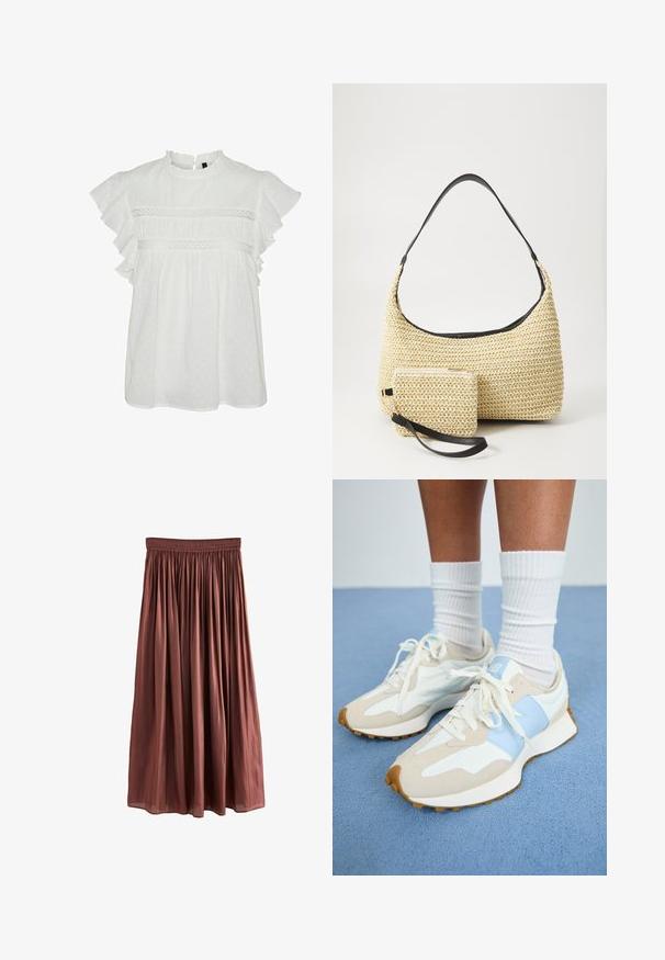 Weiße Bluse mit kurzen, rüschierten Ärmeln, mit rundem Ausschnitt und dekorativer Spitze am Brustbereich. Ganzflächiges Punktemuster.; Brauner, knielanger Rock aus leichtem Stoff mit strukturierter Oberfläche. Verfügt über einen elastischen Bund und geraffte Falten.; Leichte Sneakers mit einem beigen und hellblauen Design. Aus Wildleder und Mesh-Materialien gefertigt, mit weißen Schnürsenkeln und einer strukturierten Gummiksohle.; Geflochtene Strohtasche mit geschwungener Silhouette, ausgestattet mit einem glatten schwarzen Ledergriff und einem passenden kleinen Beutel, der mit einem Handgelenkriemen befestigt ist.