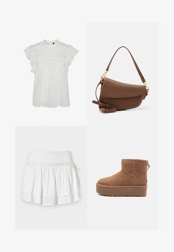 Hvid bluse med korte volangærmer, der har en rund halsudskæring og dekorativ blondekant ved brystet. Prikket tekstur hele vejen igennem.; Hvid tiered nederdel med elastisk talje, der har en tekstureret smocking-detalje og en dekorativ båndaccent. Lavet af bomuldsstof.; Tan ruskinds ankelstøvle med platformssål, rund tå og syninger; har en løkke bagpå for nem påtagning.; Brun læder skuldertaske med en tekstureret overflade, buet form, guldfarvet hardware, justerbar rem og klaplukning.