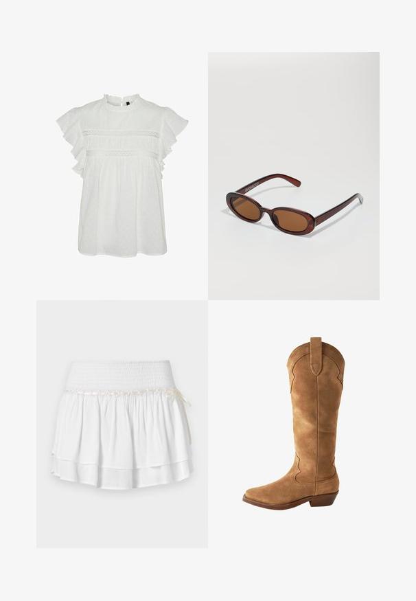 Witte blouse met korte gerimpelde mouwen, voorzien van een ronde halslijn en decoratieve kantafwerking op de borst. Gestippeld patroon over het geheel.; Witte, gelaagde rok met een elastische tailleband, voorzien van een gestructureerde smockdetail en een decoratieve lintaccent. Katoenen stof.; Bruine suede kniehoge laars met een puntige neus, gebogen bovenrand en kleine hak. Beschikt over decoratieve stitching langs de zijkanten.; Ronde, bruin getinte zonnebril met een glanzend bordeauxrood frame. Slanke pootjes met subtiele merkdetails. Vlakke lensontwerp.