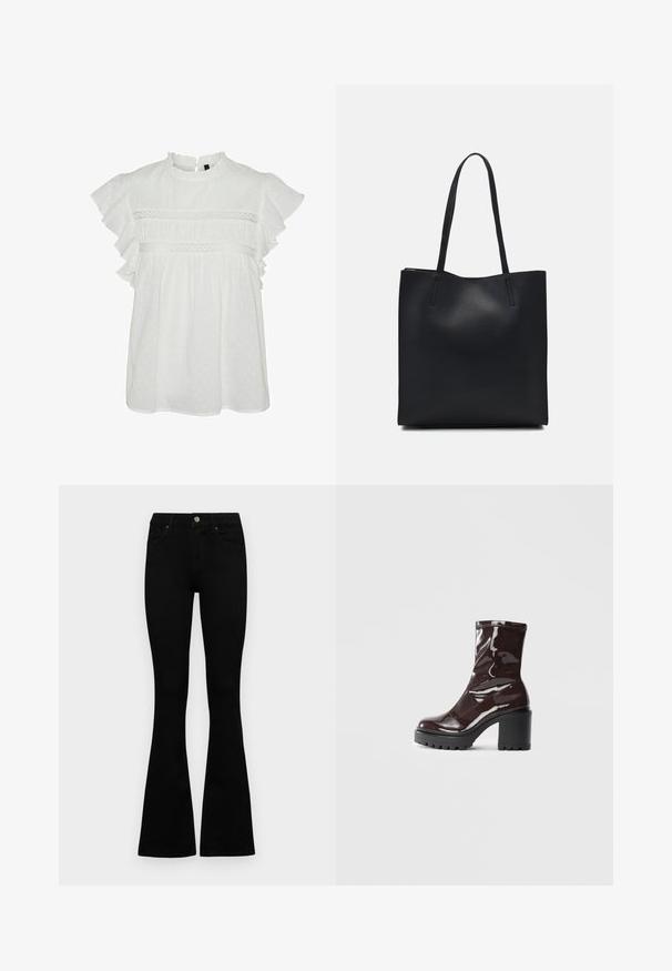 Balta blūze ar īsām frillētām piedurknēm, ar apaļu kakla izgriezumu un dekoratīvām mežģīnēm krūšu rajonā. Visā blūzē ir punktiņu tekstūra.; Melni augsta jostas šorti ar pogu un rāvējslēdzēju, priekšējām kabatām un izplestām kājām, nolikti uz balta fona.; Spīdīgas bordo potīšu botītes ar masīlu melnu papēdi, kurām ir gluda tekstūra un vienkāršs dizains. Nav redzamu aizdari vai rakstu.; Melnas ādas somiņa ar gludu tekstūru, taisnstūra formu un divām garām rokturiem. Nav redzamu aparatūras vai rotājumu.