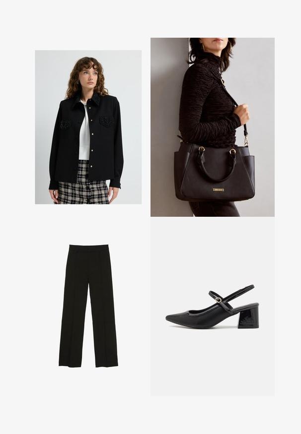 Zwarte jas met bewerkte kraag en borstzakken, voorzien van gouden knopen en lange mouwen. G gedragen over een witte top, gecombineerd met een gebloemde rok.; Zwarte wijde pantalon gemaakt van een soepele stof, met een aansluitende tailleband en subtiele plooien aan de voorkant voor extra textuur.; Zwarte gepolijste leren slingback hakken met een spitse neus, een ronde uitsnede en een blokhak. Voorzien van een gouden gespaccent.; Zwarte handtas met gestructureerd oppervlak, dubbele bovenhandvatten en verstelbare schouderriem. Voorzien van goudkleurige hardware en zijzakken.