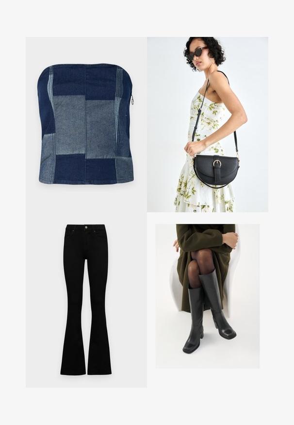 Denim brezramni top v mornarsko modri barvi, ki vsebuje patchwork dizajn z različnimi odtenki, gladko teksturo in stransko zadrgo.; Črne visokotopne kavbojke z gumbom in zadrgo, sprednjimi žepi in razširjenimi hlačnicami, poleg bel background.; Črne usnjene čevlje do kolen s kvadratnim prstom in blok peto, prikazani na modelu, ki sedi v olivno zeleni plašču. Gladka tekstura, minimalne podrobnosti.; Črna usnjena torbica s ukrivljeno obliko, z odstranljivo naramnico in zlatimi dodatki. Torbica ima pokrov s podrobnostmi v obliki zaponke.