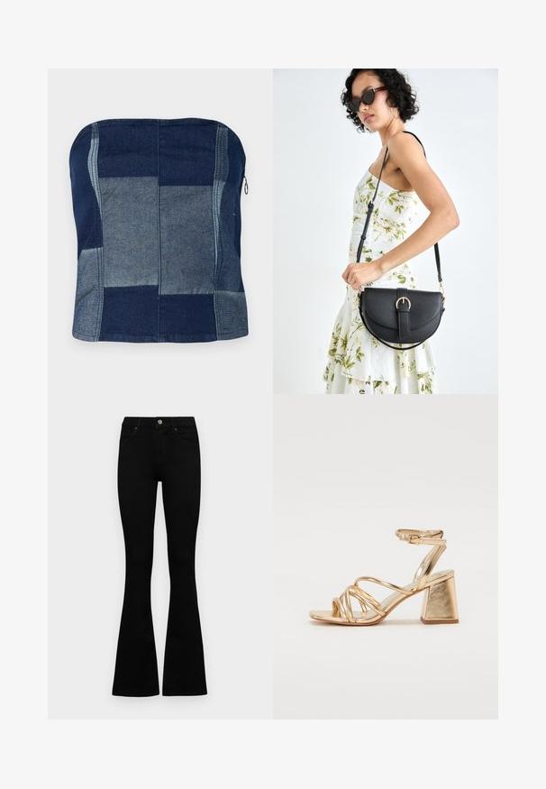 Top sin tirantes de denim en color navy, con un diseño de patchwork en tonos variados, una textura suave y un detalle de cremallera lateral.; Jeans negros de cintura alta con cierre de botón y cremallera, bolsillos frontales y piernas acampanadas, dispuestos sobre un fondo blanco.; Sandalias de tacón metálico dorado con un diseño de tiras, tacón cuadrado y correa ajustable en el tobillo con hebilla. Textura suave.; Bolso de piel negra con forma curva, correa desmontable y herrajes dorados. El bolso cuenta con una solapa con un detalle de hebilla.