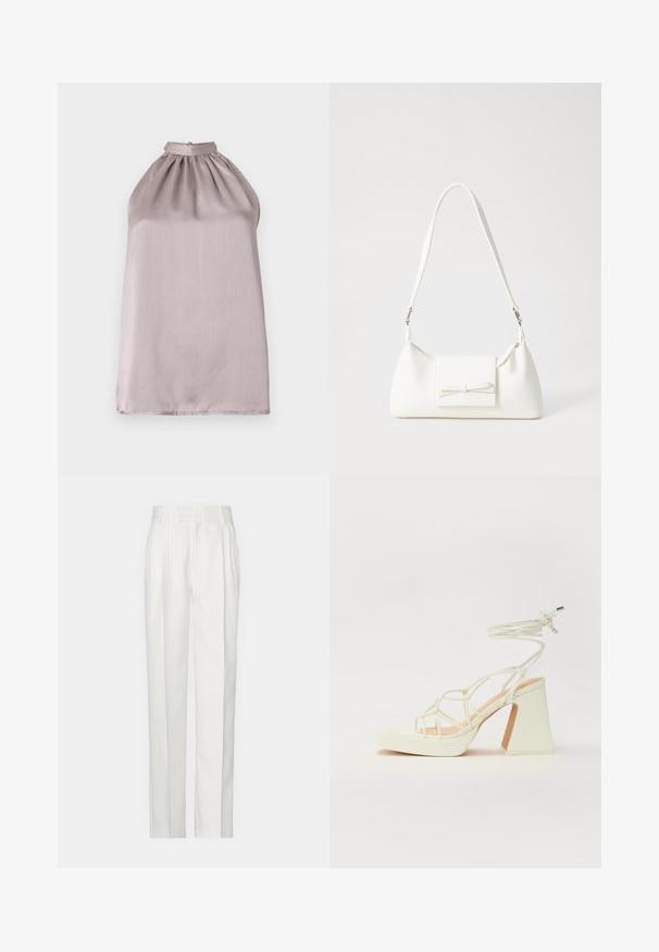 Top s halter vratom, bez rukava, v svetlo mauve satenu z nabranimi detajli na izrezu in gladko, rahlo odsevno teksturo.; Bela hlače s črtastim vzorcem in ravnim krojem, izdelane iz lahkega materiala. Imajo naborke spredaj in tradicionalen pas.; Bela sandala na visokih petah s debelim petam, ki ima obliko trakcev in vezanje okoli gležnja. Gladka tekstura z platformo spredaj za dodatno višino.; Bela sintetična torbica v obliki trikotnika, z ravnim sprednjim poklopcem in detajlom mašne, nastavljivim trakom, gladko teksturo in minimalističnim dizajnom.
