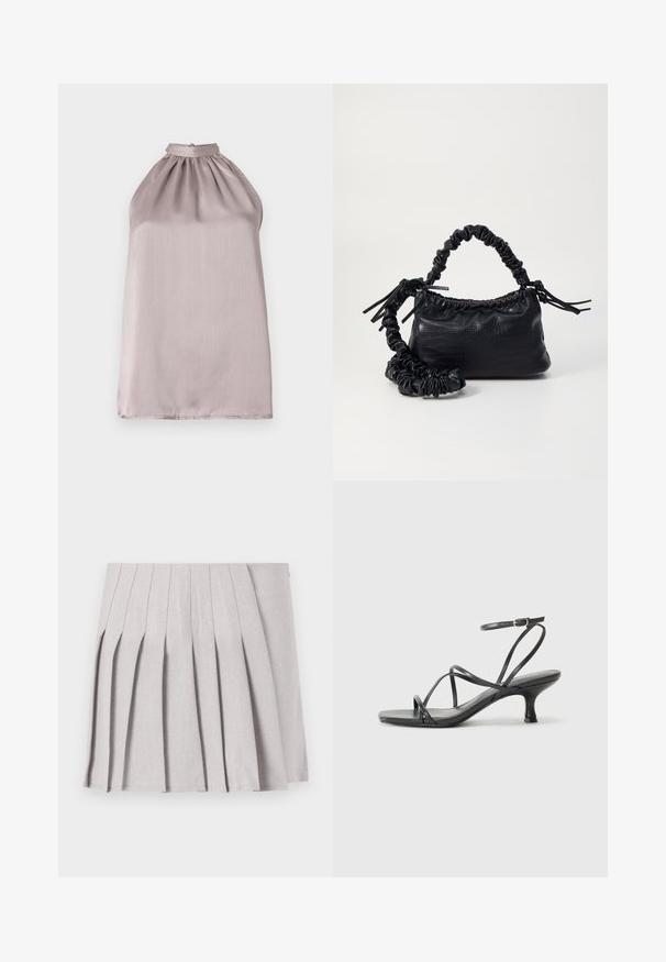 Halterio kaklo, be rankovių palaidinė šviesiai mauve satine su susiraukšlėjimu apykaklėje ir lygiu, šiek tiek atspindinčiu paviršiumi.; Pilka klostuota sijonas su lygiu paviršiumi, su daugeliu vertikalių klosčių ir pritaikytu juosmeniu. Pagamintas iš lengvo audinio.; Juodos aukštakulnės šlepetės su plonomis dirželiais, atvira nosimi ir mažomis platėjančiomis kulno dalimis. Medžiaga atrodo lygi ir blizgi.; Juodas dirbtinės odos rankinė su krokodilo tekstūra, sušnibždinta viršuje ir susikraipytu dirželiu. Atrodo minkšta ir kompaktiška.