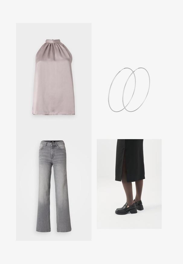 Halternecktop ohne Ärmel aus leichtem mauvefarbenem Satin mit gerafften Details am Ausschnitt und einer glatten, leicht reflektierenden Textur.; Helle graue High-Waist-Jeans mit weitgeschnittenem Bein, klassischem Fünf-Taschen-Design, Knopfverschluss und dezenten Ausbleichungen.; Schwarze Lederschuhe mit abgerundetem Zeh, dicker Blockabsatz und elastischen seitlichen Akzenten, kombiniert mit dunklen Strumpfhosen und einem schwarzen Rock mit Schlitz.; Silberne Creolen mit minimalistischem Design. Rundform, glatte Oberfläche und dünnes Profil. Leichtgewichtig mit hochglänzender Oberfläche.
