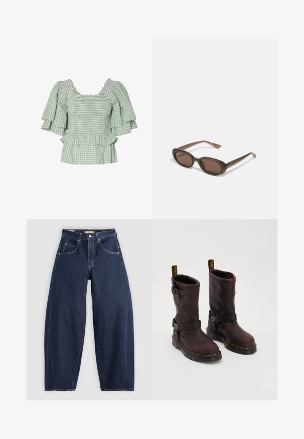 Green and white checked blouse with short ruffled sleeves, smocked bodice, and a flared peplum hem. Accented with a scalloped neckline.; Dark blue denim jeans with a loose fit, light stitching, five pockets, and a button closure at the waistband.; Brown leather boots with a mid-calf design, featuring a strap and buckle, a thick black sole, and yellow stitching accents.; Brown oval sunglasses with dark lenses. Frame has a transparent brown material and features a logo printed on the temples.
