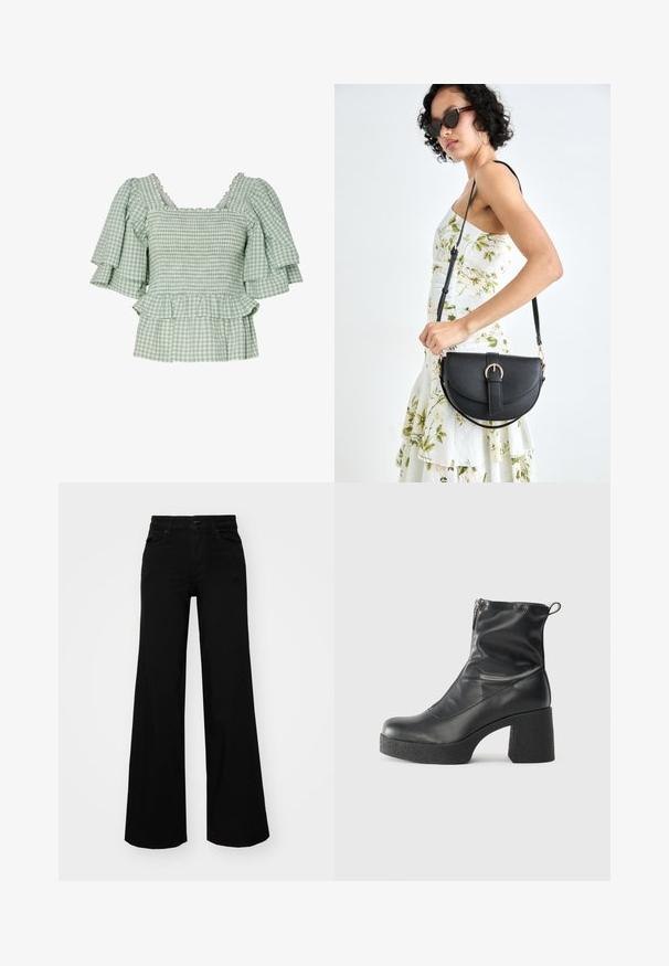 Zelena i bijela karirana bluzica s kratkim volanima, gumiranim tijelom i lepršavim peplum rubom. Istaknuta s ovratnikom u obliku valova.; Crne široke traperice s čvrstim pojasom, petljama za remen i prednjim džepovima. Gladak teksturirani materijal s klasičnim dizajnom.; Crne gležnjače od glatke kože, s bočnim zatvaračem, debelim teksturiranim potplatom i dizajnom s zaobljenim prstima.; Crna kožna torba s lukovitim oblikom, odvojivim remenom i zlatnim detaljima. Torba ima preklop s kopčom.