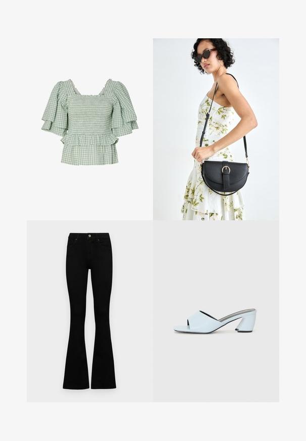 Groene en witte geblokte blouse met korte gerimpelde mouwen, smock-lichaam en een geflared peplum zoom. Verfraaid met een gegolfde halslijn.; Zwarte hoge taille jeans met een knoop- en ritssluiting, voorzakken en een flared pijp, plat gelegd op een witte achtergrond.; Lichtblauwe open teen hakmules met een geometrisch ontwerp, voorzien van een brede band over de voet en een forse, hoekige hak.; Zwarte leren handtas met een gebogen vorm, afneembare schouderband en gouden hardware. De tas heeft een klep met een gespsluiting.
