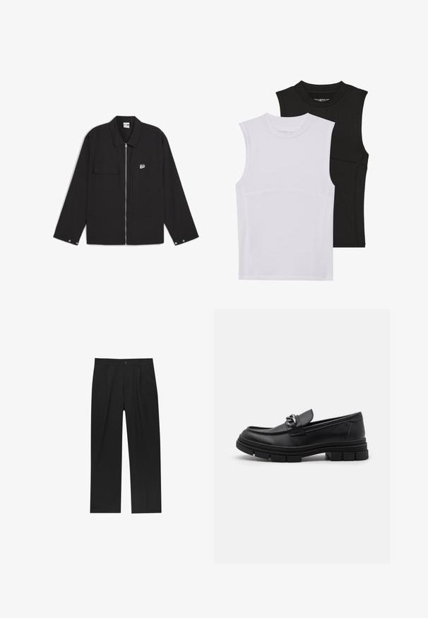 Čierna zip-up bunda s klopovým golierom, dvoma prednými vreckami a malým logom na hrudi. Materiál má hladkú textúru.; Dve bezrukávové športové tričká, jedno biele a jedno čierne, vyrobené z elastického materiálu s okrúhlymi výstrihmi a viditeľnými švami.; Čierne nohavice s rovnými nohavicami, vyrobené z hladkej tkaniny. Majú predné puky a jediné gombíkové zapínanie v páse.; Čierne kožené mokasíny s okrúhlym špičkou, dekoračným pásikom a kovovými prvkami, a robustnou textúrovanou podrážkou. Hladký povrch s jemnými detailami.