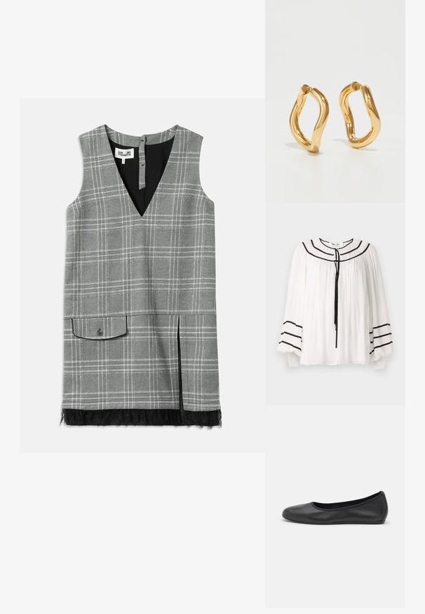 Blusa blanca de manga larga, con acentos de franjas negras y textura plisada. Escote redondeado con un cierre de lazo en la parte delantera.; Vestido sin mangas de cuadros grises con escote en V, bolsillo lateral y borde de encaje en el dobladillo. Presenta un forro negro y cierre de botones en la parte posterior.; Bailarina de piel negra con punta redondeada, textura suave, detalle de costura minimalista y diseño de suela flexible.; Pendientes de aro color oro con una forma curva e irregular y una textura suave y pulida. Sin hardware o acentos visibles.